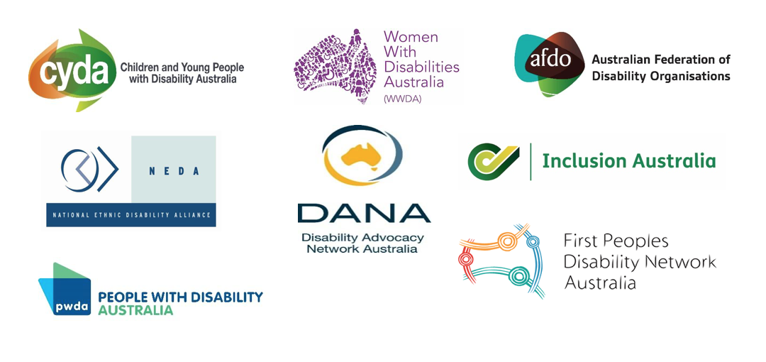 Logos of PWDA, CYDA, WWDA. FPDN, NEDA, AFDO, Inclusion Australia and DANA