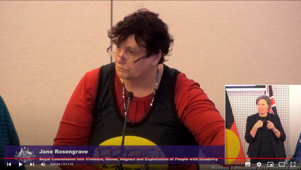 Jane Rosengrave at hearing wearing the colours of the Aboriginal flag