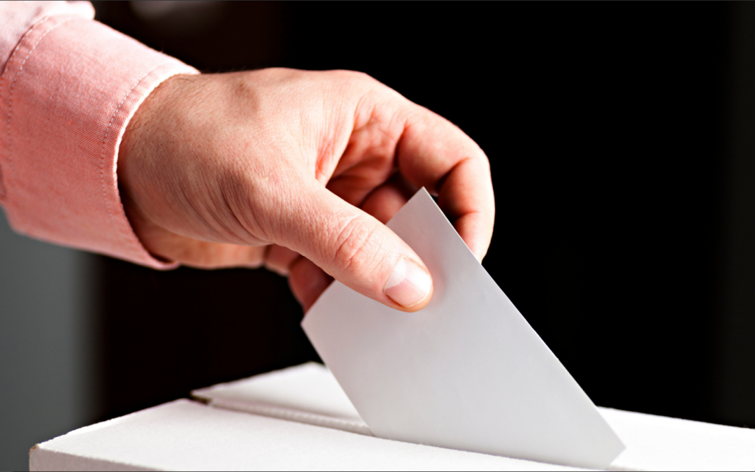 Image of hand slipping ballot into cardboard box - pink shirt sleeve visible