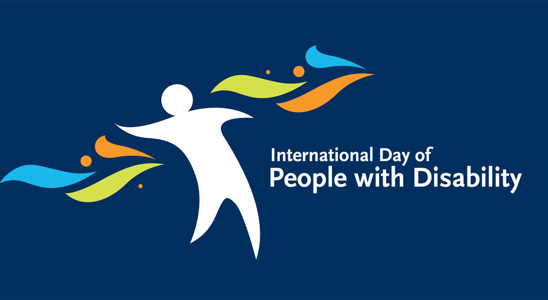 International Day of People with Disability - stylised image against blue background with aqua, green and orange design